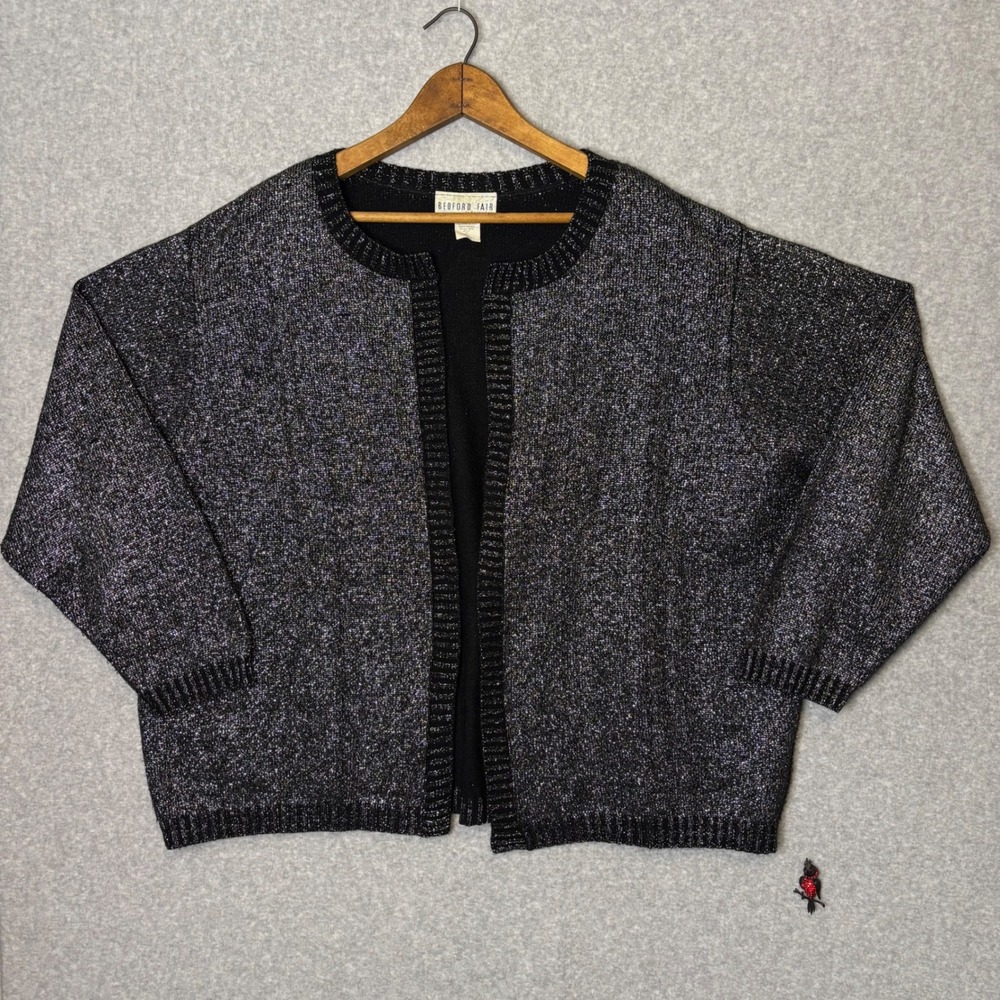 Bedford Fair Women's 3X Black Sparkle Lurex Knit Cardigan Sweater Open Front Y2K